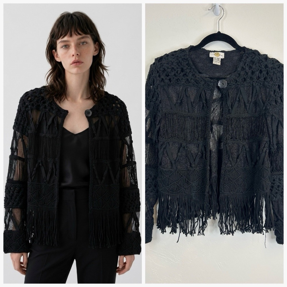 Vintage Art to Wear Fringe Macrame Black Jacket Size S Goth Witchy Boho Cool 90s